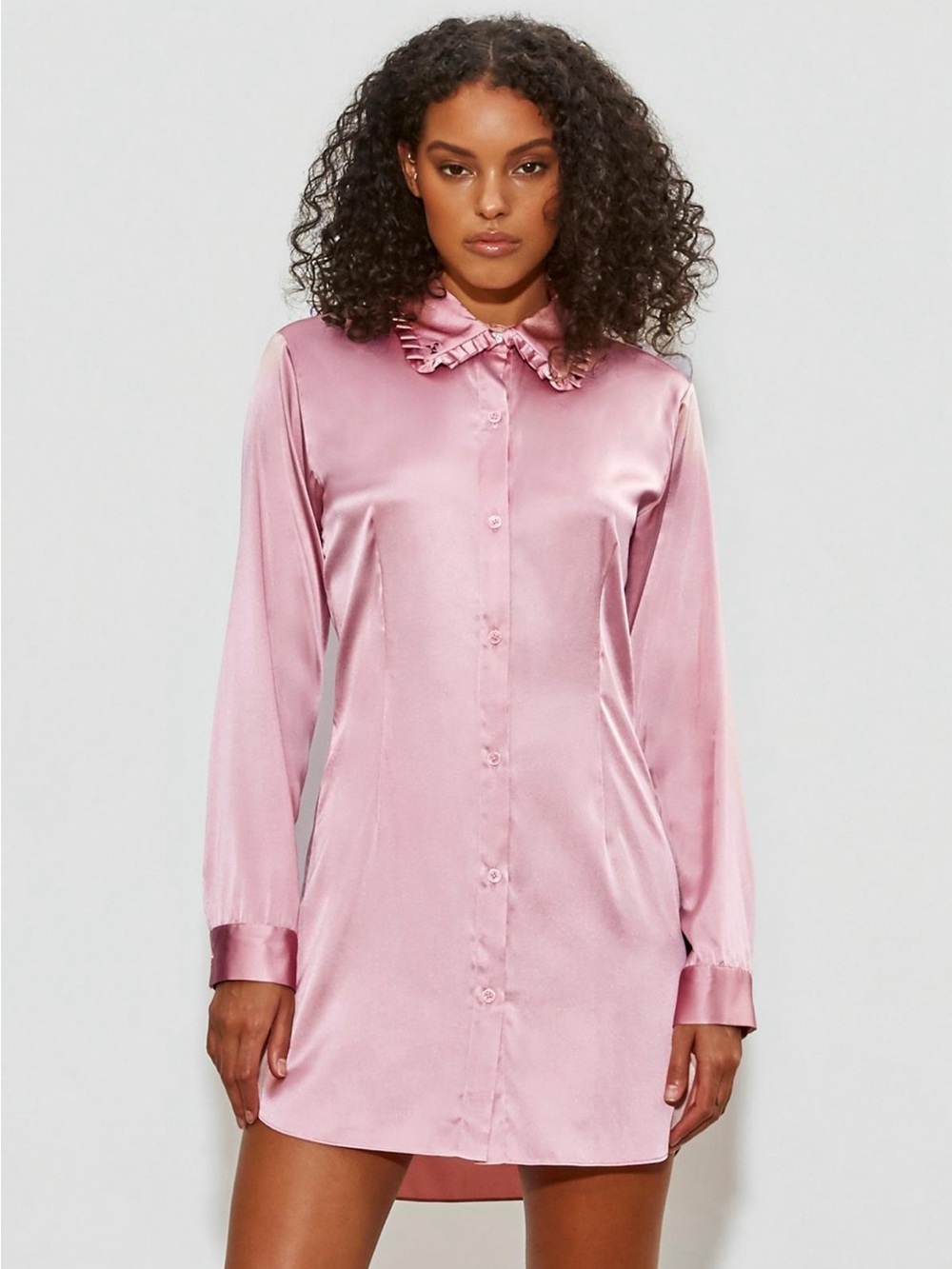 Fleur du Mal Pink 100% Silk Ruffle Collar Button Down Shirt Dress Size 2